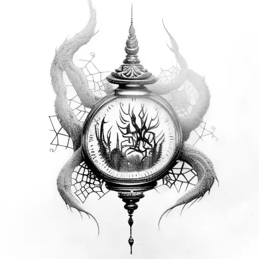 A captivating blackwork tattoo of a haunting hourglass filled with swirling smoke, adorned with intricate spider webs and surrounded by silhouettes of trees. tattoo design idea