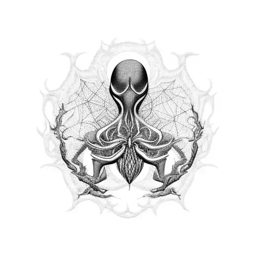 A captivating blackwork tattoo of a haunting hourglass filled with swirling smoke, adorned with intricate spider webs and surrounded by silhouettes of trees. tattoo design idea