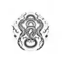 A haunting gothic scene of a Virgo constellation surrounded by smoke and snakes tattoo design idea