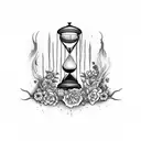 A haunting gothic hourglass surrounded by smoke and flowers tattoo design idea