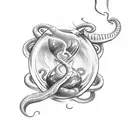 A sketch-style tattoo featuring a snake coiled around an hourglass with smoke billowing out of it tattoo design idea