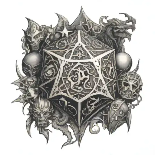 Dungeons and dragons with a d20 surrounded with fantasy creatures and weapons tattoo design idea