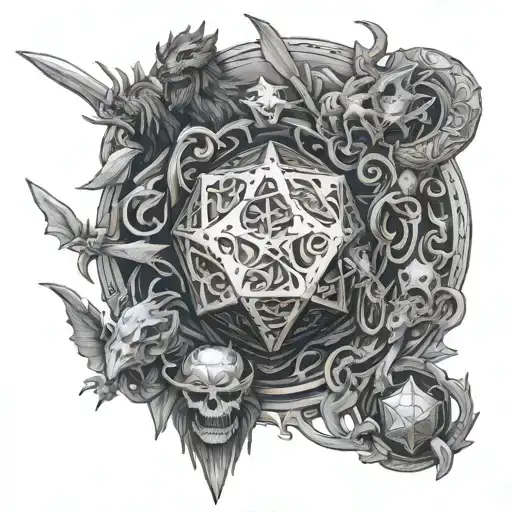 Dungeons and dragons with a d20 surrounded with fantasy creatures and weapons less aggressive tattoo design idea