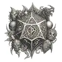Dungeons and dragons with a d20 surrounded with fantasy creatures and weapons tattoo design idea