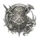 Dungeons and dragons with a d20 surrounded with fantasy creatures and weapons tattoo design idea