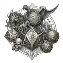 Dungeons and dragons with a d20 surrounded with fantasy creatures and weapons tattoo design idea