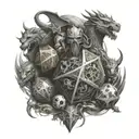 Dungeons and dragons with a d20 surrounded with fantasy creatures and weapons tattoo design idea