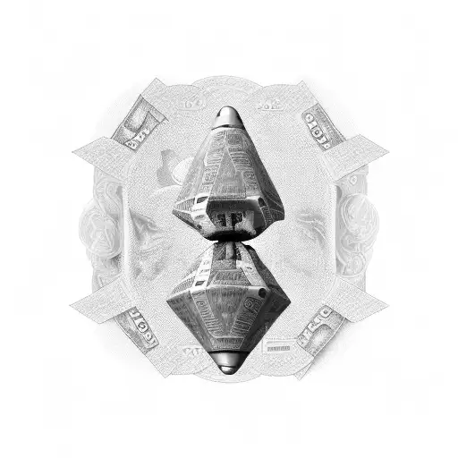 A black-grey tattoo of an alien spaceship hovering above a stack of dollar bills tattoo design idea