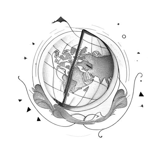 A quill pen with a trail of words forming a globe tattoo design idea