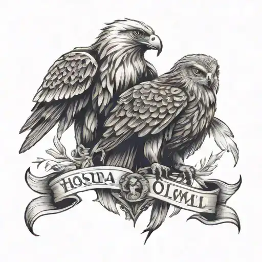 eagle and owl holding banner with Houda on it with eagle wing around owl  tattoo design idea