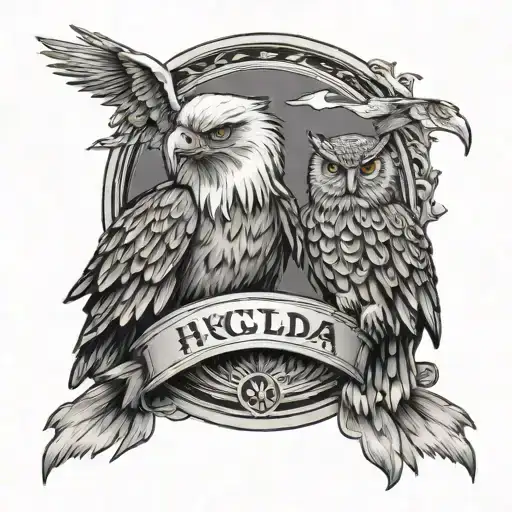 eagle and owl holding banner with Houda on it tattoo design idea