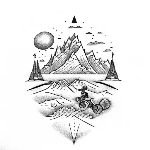 tattoo on forarm with mountain, bike, duone, ocean, sky, Kedarnath temple, traveling  tattoo design idea