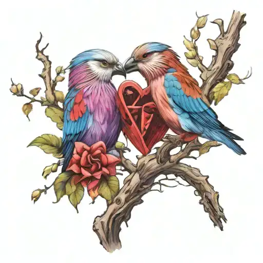 two lilac breasted roller birds tying a red bow into a heart shape while perched on a branch with withering leaves tattoo design idea