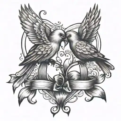 two birds tying a red bow into a heart shape  tattoo design idea