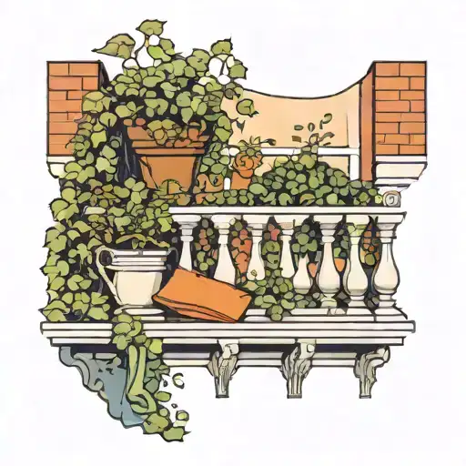 A 2D picture of a balcony with a bench, a gutter, and ivy. tattoo design idea