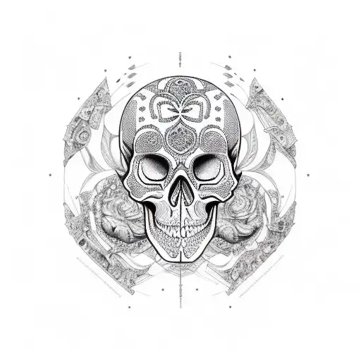 A detailed depiction of a skull adorned with intricate patterns representing different trades tattoo design idea