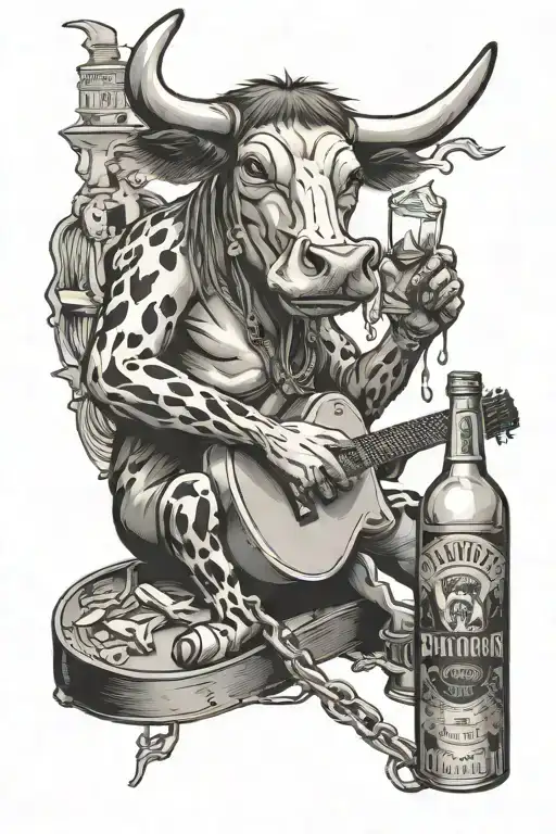 A heavy metal cow shredding on a guitar surrounded by whiskey bottles tattoo design idea