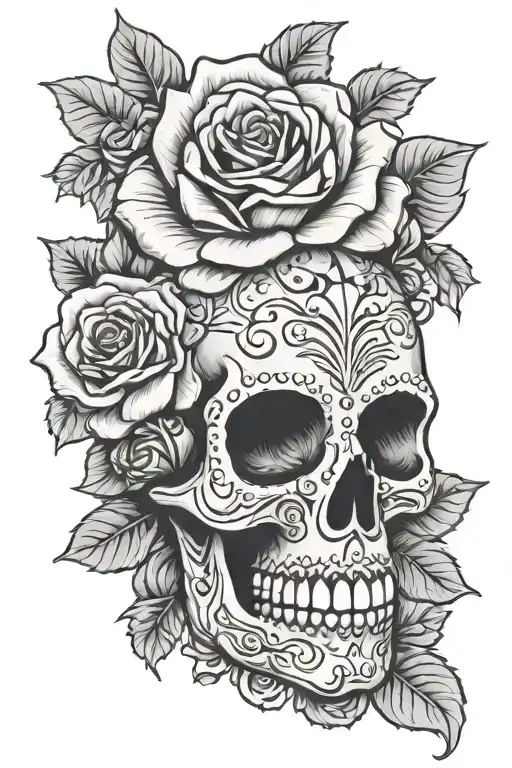 sugar skull with roses intertwined tattoo design idea