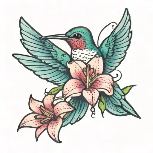 girly colorful hummingbird with feminine pink lily flower tattoo design idea