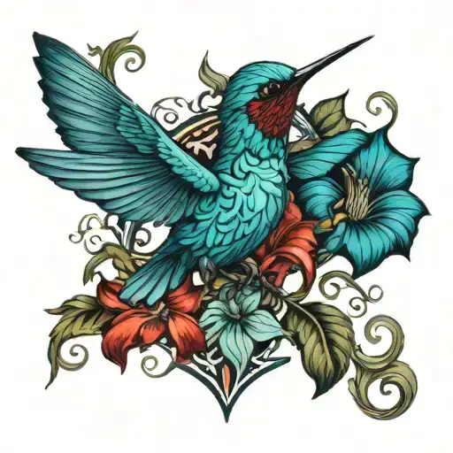 blue and teal colorful majestic hummingbird with masculine black and red gothic lily flower tattoo design idea
