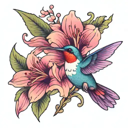 purple colorful hummingbird with feminine pink  big lily flower tattoo design idea