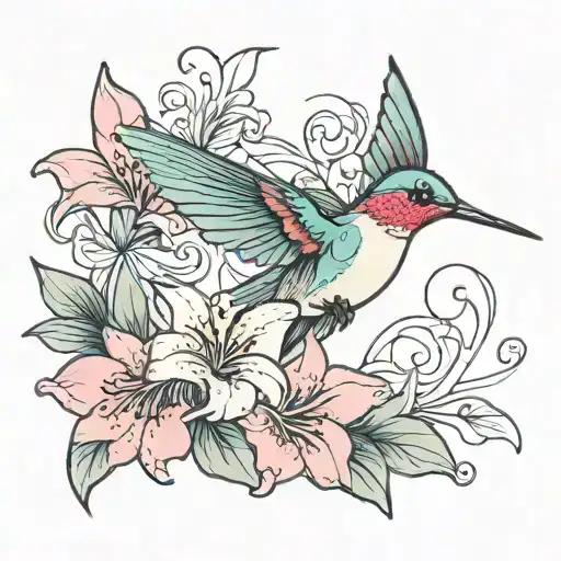 girly colorful hummingbird with elegant pink lily flower tattoo design idea