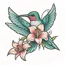 girly colorful hummingbird with feminine pink lily flower tattoo design idea