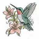 girly colorful hummingbird with feminine pink lily flower tattoo design idea