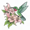 girly colorful hummingbird with feminine pink lily flower tattoo design idea