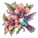 purple colorful hummingbird with feminine pink  big lily flower tattoo design idea
