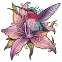 purple colorful hummingbird with feminine pink  big lily flower tattoo design idea