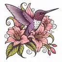 purple colorful hummingbird with feminine pink  big lily flower tattoo design idea
