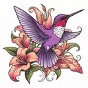 purple colorful hummingbird with feminine pink  big lily flower tattoo design idea