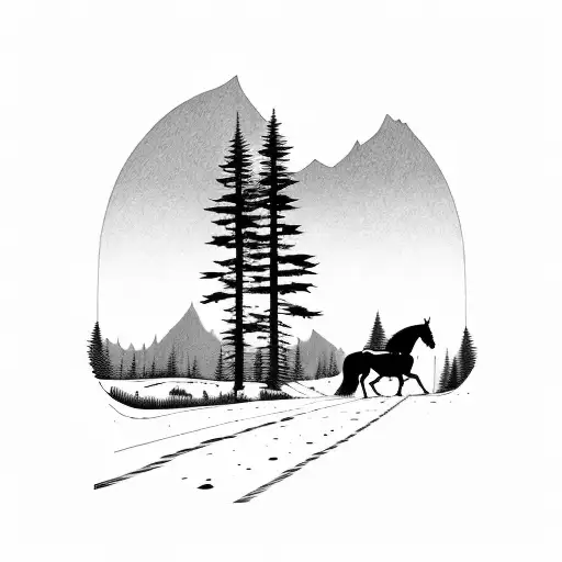small mountain background with a small amount of pine trees and a cowboy walking a horse down the road tattoo design idea