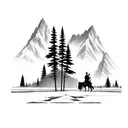 small mountain background with a small amount of pine trees and a cowboy walking a horse down the road tattoo design idea