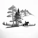 small mountain background with a small amount of pine trees and a cowboy walking a horse down the road tattoo design idea