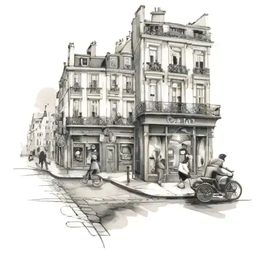 A Parisian street scene with hidden Disney characters tattoo design idea