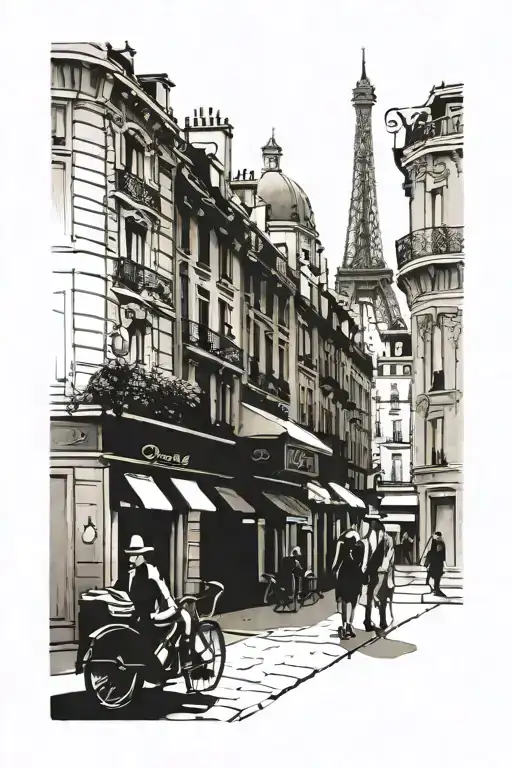 A Parisian street scene with hidden Disney characters tattoo design idea