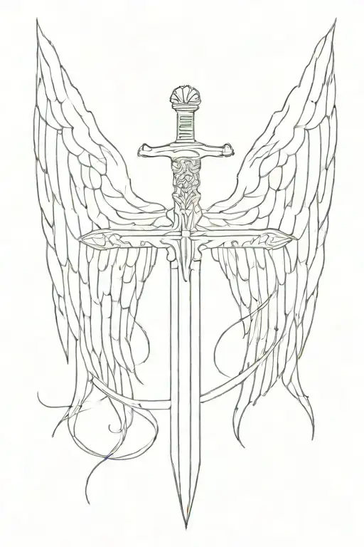 Sword and wings symetrical with phrase traced on wings  tattoo design idea