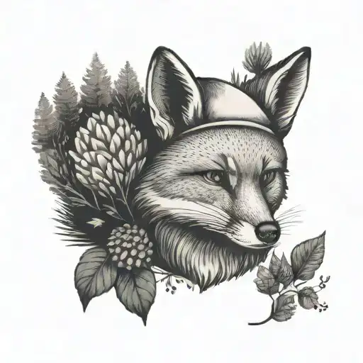 A chef's hat with a fox tail wrapped around it, set against a background of a dense forest, representing the client's lo tattoo design idea