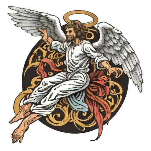 an angel flying down reaching for Lucifer as he falls tattoo design idea