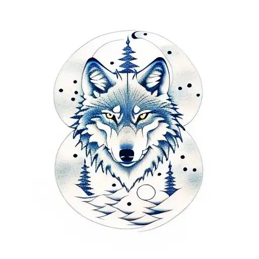 Wolf with moons and trees tattoo design idea