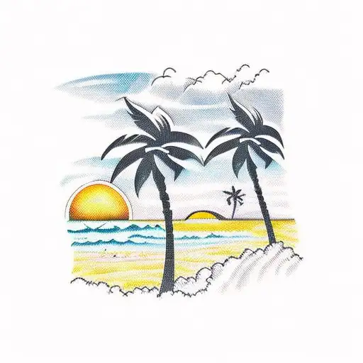 palm trees at sunset with coconut drink and French fries tattoo design idea