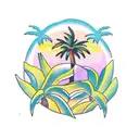 palm trees at sunset with coconut drink and French fries tattoo design idea