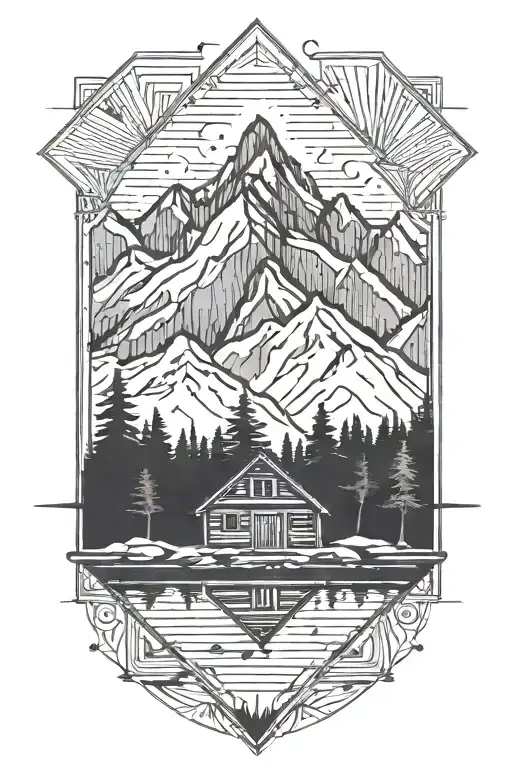 Mountain lake cabin tattoo design idea