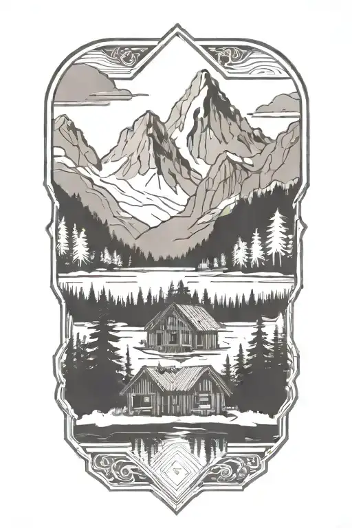 Mountain Lake Forest Cabin tattoo design idea