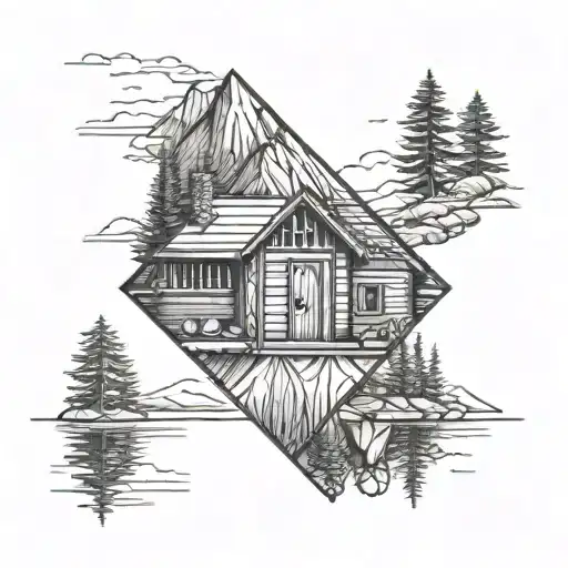 Mountain lake cabin tattoo design idea