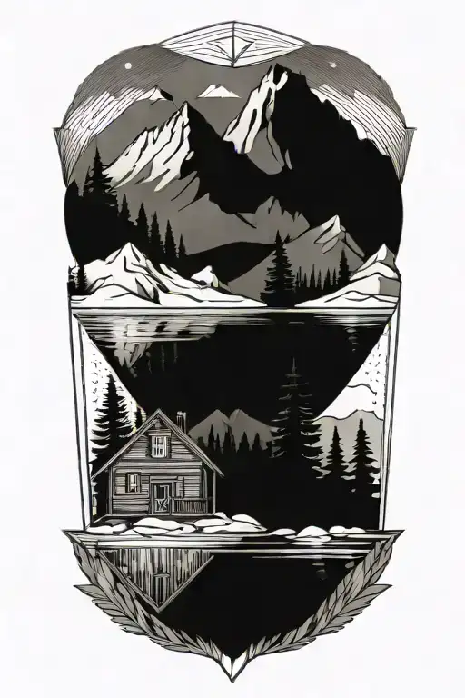 Mountain Lake Forest Cabin tattoo design idea