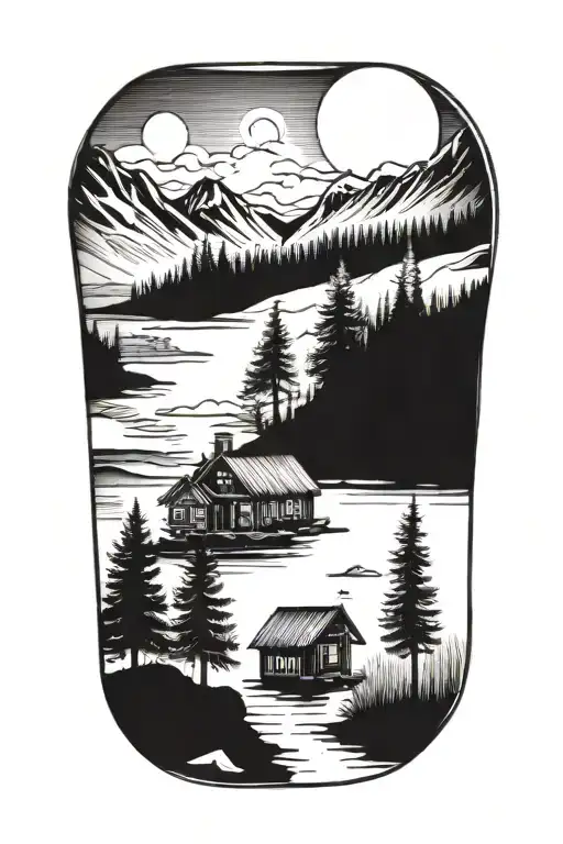 Mountain Lake Forest Cabin tattoo design idea