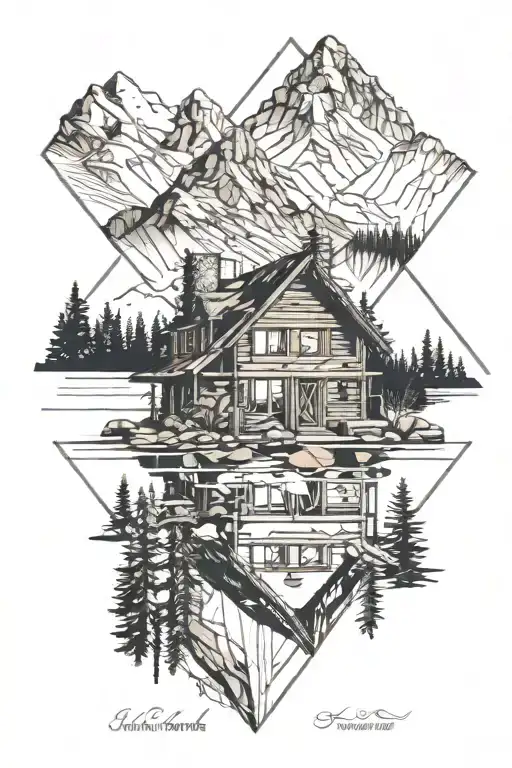 Mountain lake cabin tattoo design idea
